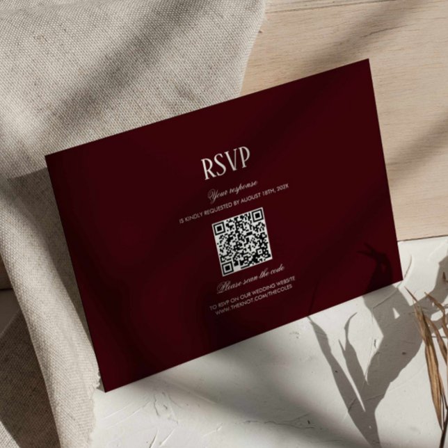 Tarjeta De Recepción Modern Retro Burgundy Wedding QR Code RSVP (burgundy formal wedding rsvp card with qr code, deep red wedding response card, maroon wedding )