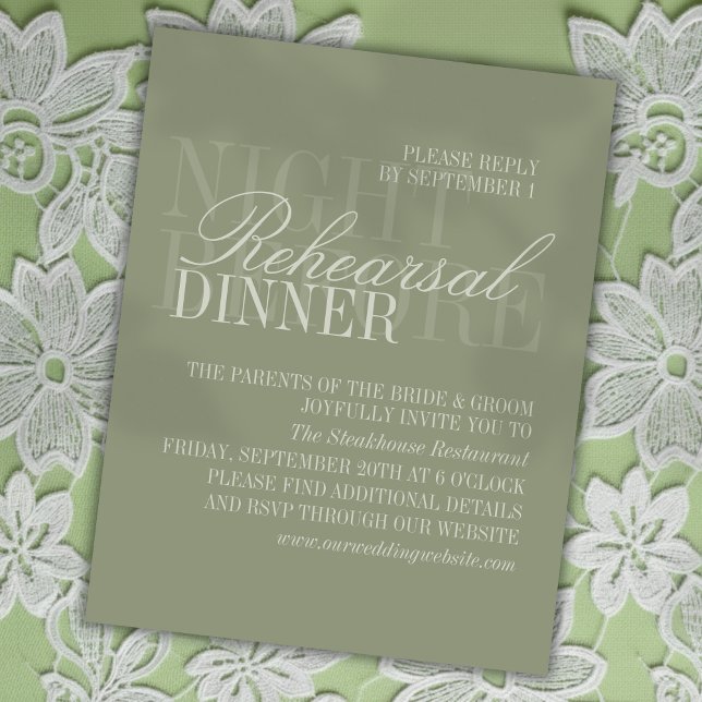 Tarjeta De Recepción Modern Script Sage Green Wedding Rehearsal (Invite guest to plan join your rehearsal dinner with this Modern Script Sage Green Card!)