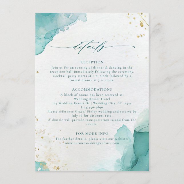 Tarjeta De Recepción Modern Teal Gold Abstract Beach Wedding Details (Anverso)