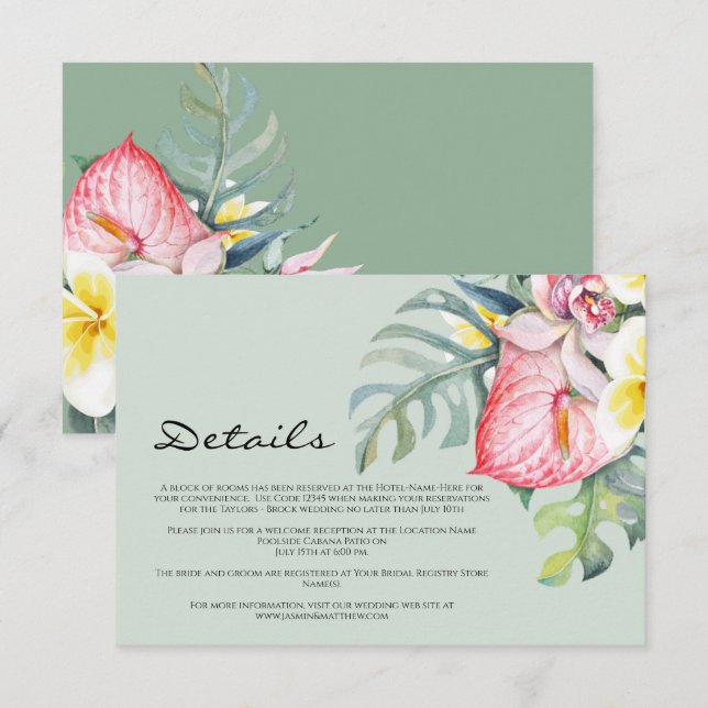 Tarjeta De Recepción Modern Tropical Floral Hawaii Wedding (Anverso / Reverso)