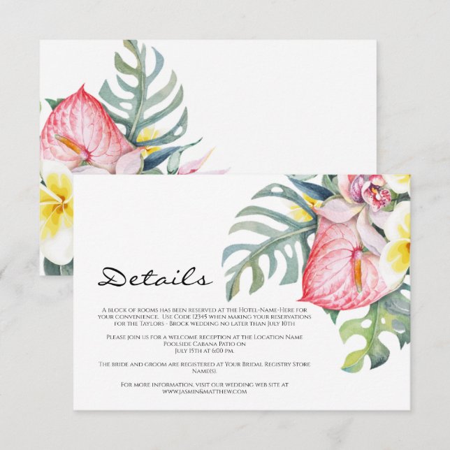 Tarjeta De Recepción Modern Tropical Floral Hawaii Wedding (Anverso / Reverso)