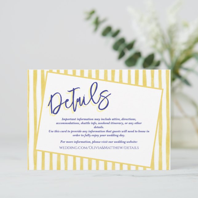 Tarjeta De Recepción Modern Yellow Hand Written Pinstripe Italy Wedding (Anverso de pie)