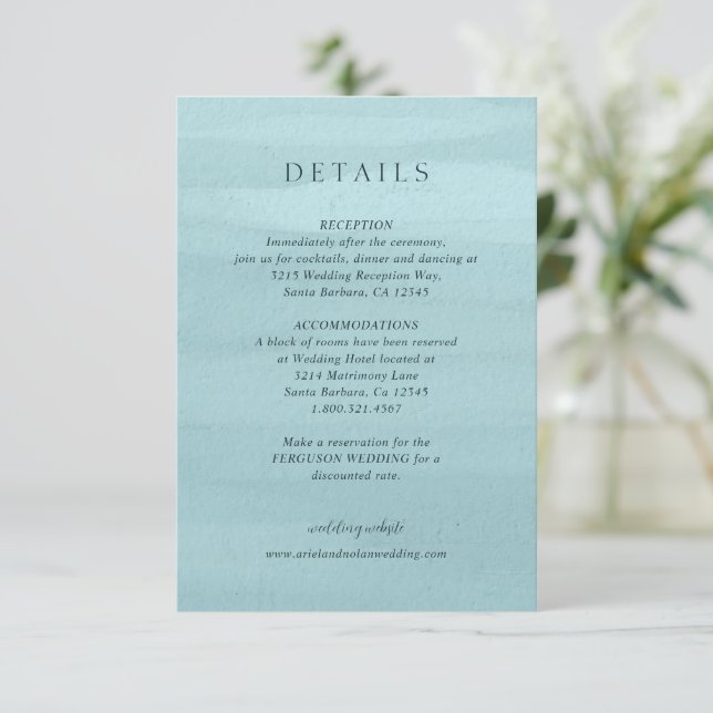 Tarjeta De Recepción Moderna acuarela azul Elegante Boda (Anverso de pie)