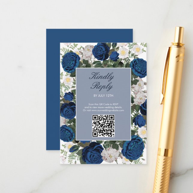 Tarjeta De Recepción Moderna acuarela floral azul elegante matrimonio (Anverso/Reverso In Situ)