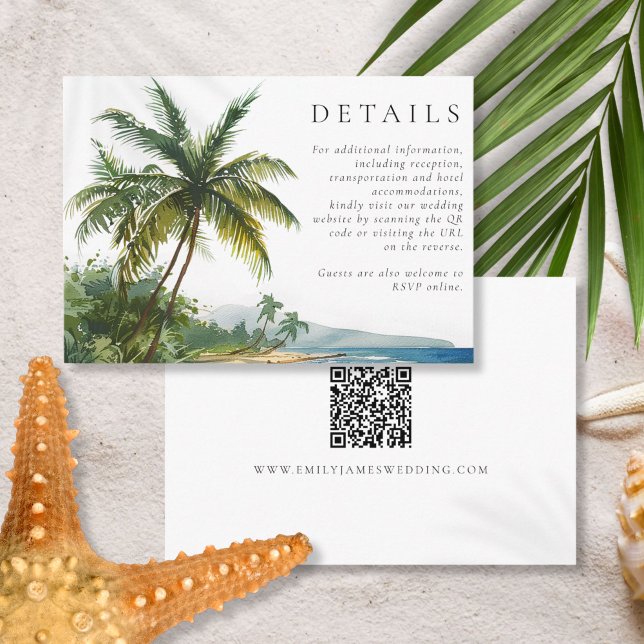 Tarjeta De Recepción Moderna acuarela Palm Beach Boda de código QR (Modern Watercolor Palm Beach QR Code Wedding Enclosure Card)