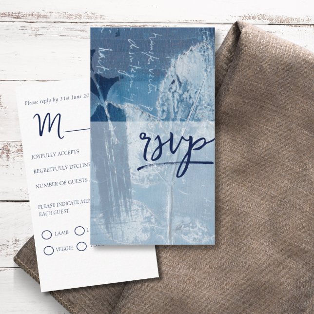 Tarjeta De Recepción Moderna Boda Azul Ciana Botánica RSVP (Subido por el creador)