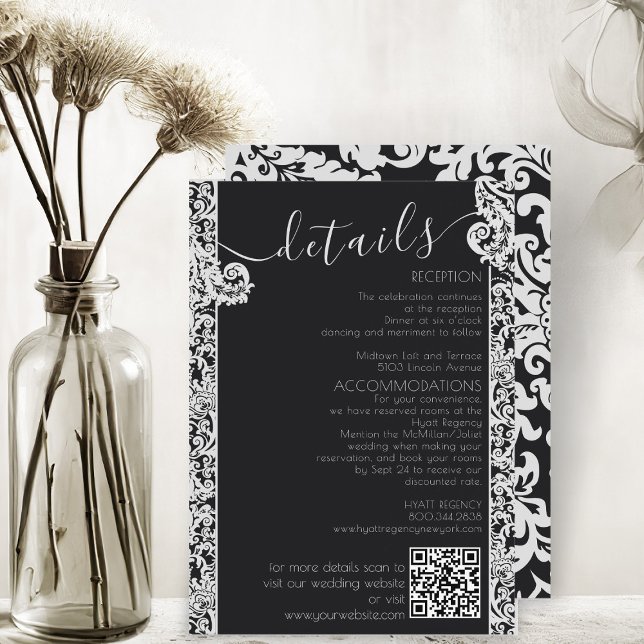 Tarjeta De Recepción Moderna Boda de Damasco floral elegante en blanco  (modern black and white elegant floral damask wedding details enclosure card)