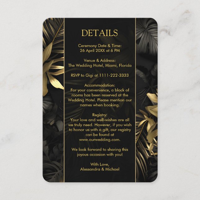 Tarjeta De Recepción Moderna Boda de hojas tropicales de oro negro (Anverso)