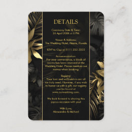 Tarjeta De Recepción Moderna Boda de hojas tropicales de oro negro