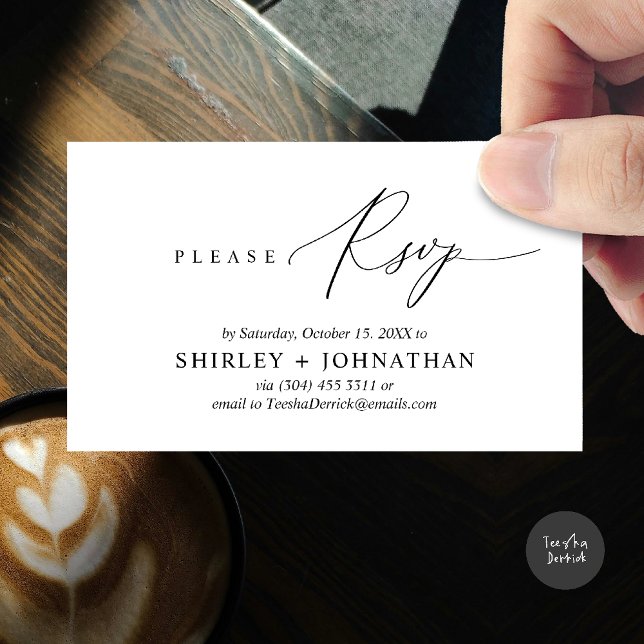 Tarjeta De Recepción Moderna boda Minimalista RSVP (Wedding invitation RSVP via Phone or email respond reminder Enclosure Card in aesthetic White Black)