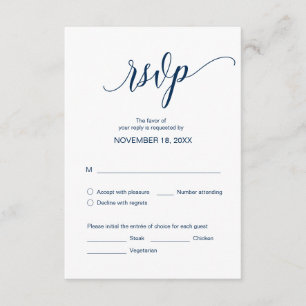 Tarjeta De Recepción Moderna caligrafía azul de la marina, cena Boda RS