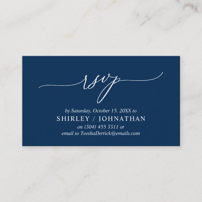 Tarjeta De Recepción Moderna caligrafía azul marina simple, RSVP boda (Anverso)
