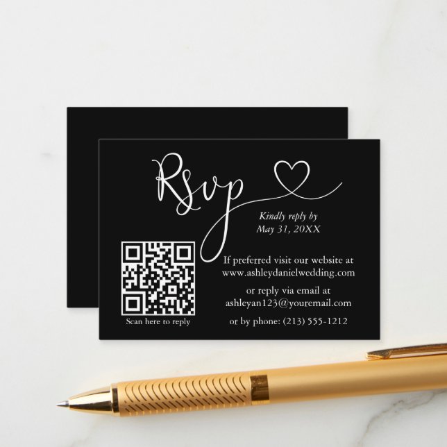 Tarjeta De Recepción Moderna caligrafía Boda del corazón QR RSVP Negro (Anverso/Reverso In Situ)