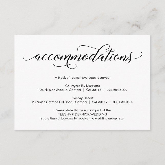 Tarjeta De Recepción Moderna caligrafía de Boda negro, alojamiento (Anverso)