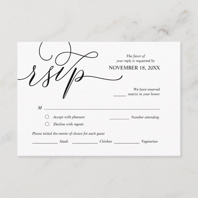 Tarjeta De Recepción Moderna caligrafía romántica negra, RSVP de boda (Anverso)