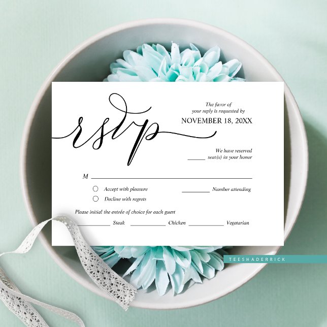 Tarjeta De Recepción Moderna caligrafía romántica negra, RSVP de boda (Modern Romantic Black Script, Wedding RSVP Invitation Enclosure Card, With Meals Option Selection)