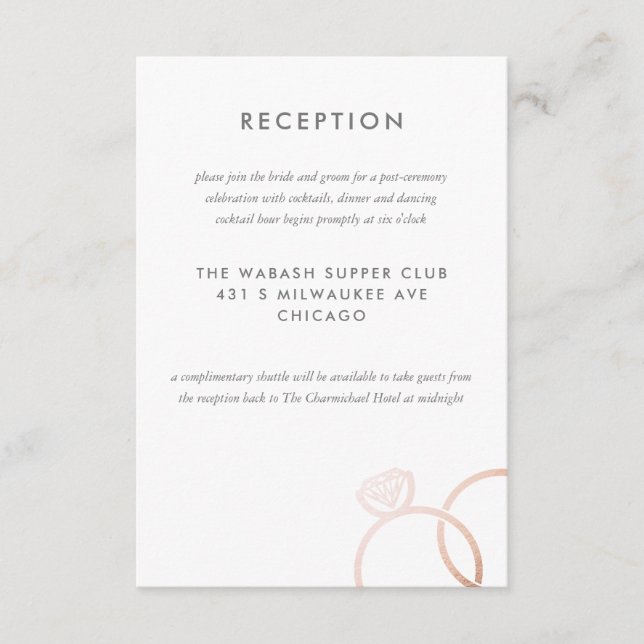 Tarjeta de recepción moderna de Rosa con anillos d (Anverso)