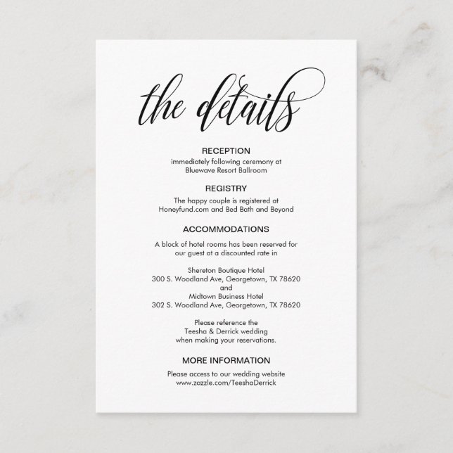 Tarjeta De Recepción Moderna elegancia, escritura negra, detalles Bodas (Anverso)