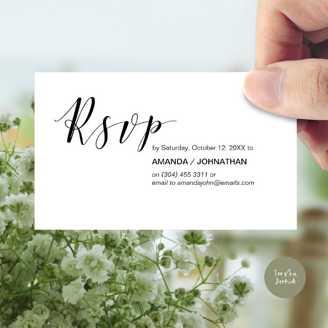 Tarjeta De Recepción Moderna elegancia, escritura negra, Fiesta RSVP (Modern Wedding RSVP Invitation Card, Online reply, Email or phone, in black and white)