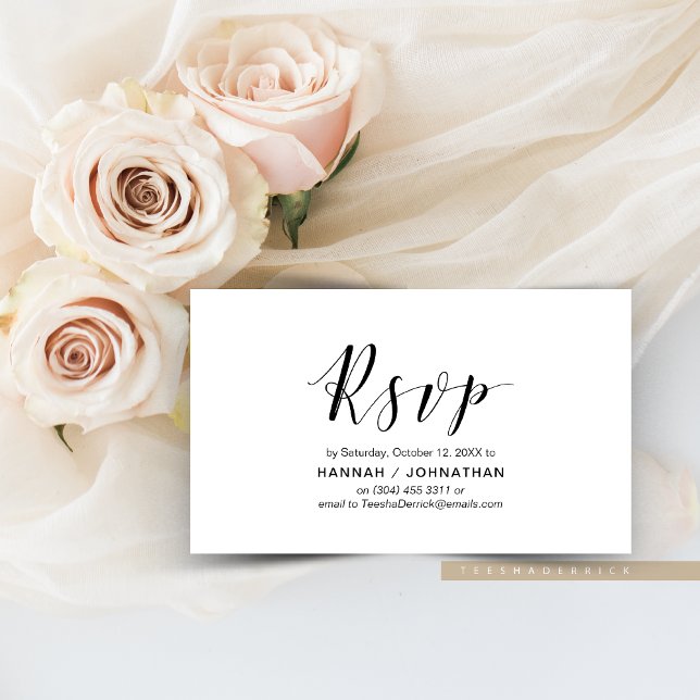 Tarjeta De Recepción Moderna elegancia, escritura negra, RSVP responde (Modern Elegant, Wedding Elopement Dinner and Dancing Invitation RSVP, respond Enclosure Card)