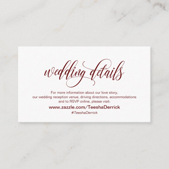 Tarjeta De Recepción Moderna Elegante, Borgoña, Nuestros Detalles Bodas (Anverso)