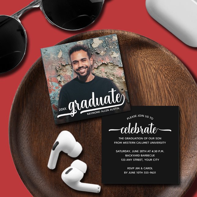 Tarjeta De Recepción Moderna fiesta de graduación negra con fotos (SMALL 2.5" SQUARE graduation invitations are perfect to enclose with our announcements or hand out.)