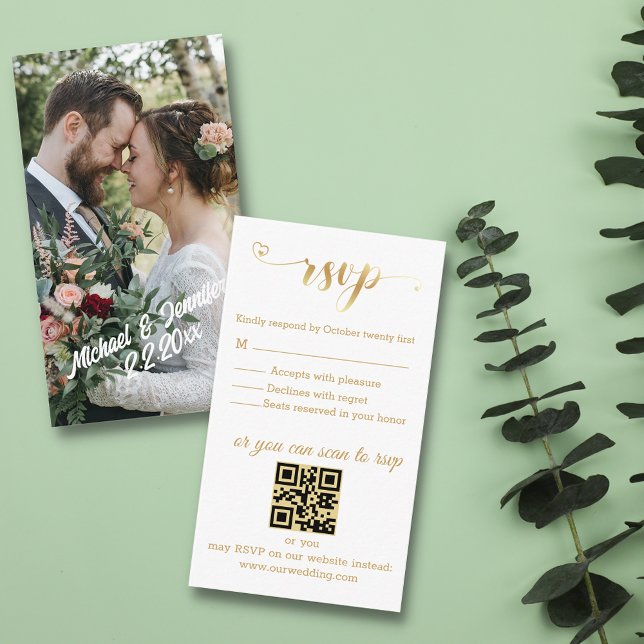 Tarjeta De Recepción moderna foto de oro rsvp boda moda código qr (Subido por el creador)