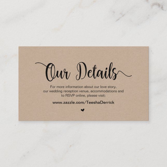 Tarjeta De Recepción Moderna granja rústica Kraft, detalles Bodas (Anverso)