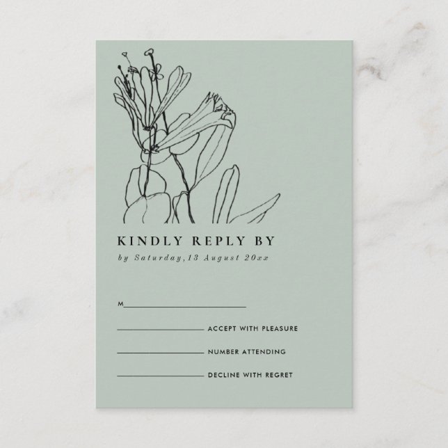 TARJETA DE RECEPCIÓN MODERNA LÍNEA GRIS DIBUJO FLORAL BODA RSVP (Anverso)