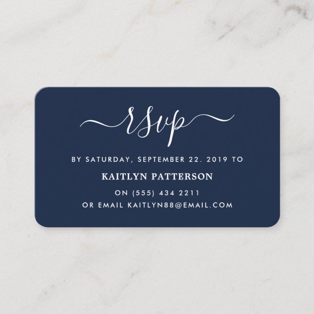Tarjeta De Recepción Moderna Navy Blue & White Simple Script RSVP (Anverso)