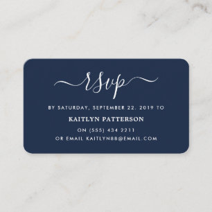 Tarjeta De Recepción Moderna Navy Blue & White Simple Script RSVP