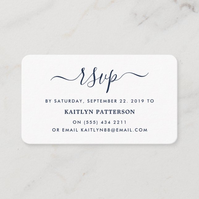 Tarjeta De Recepción Moderna Navy Blue & White Simple Script RSVP (Anverso)
