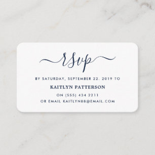 Tarjeta De Recepción Moderna Navy Blue & White Simple Script RSVP
