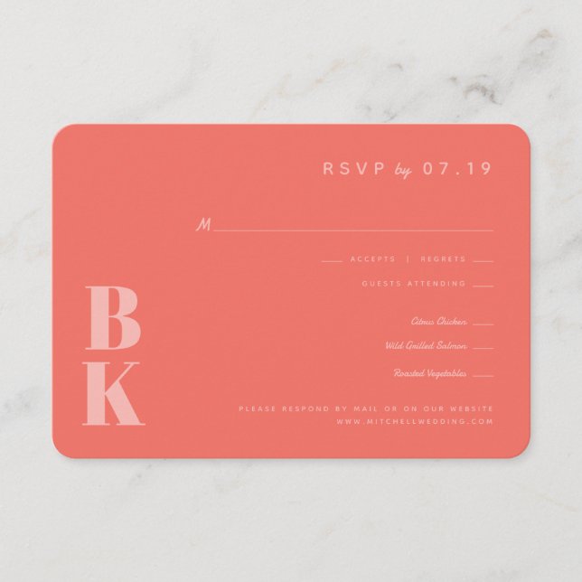 Tarjeta De Recepción Moderna negrita Boda coral monograma RSVP (Anverso)