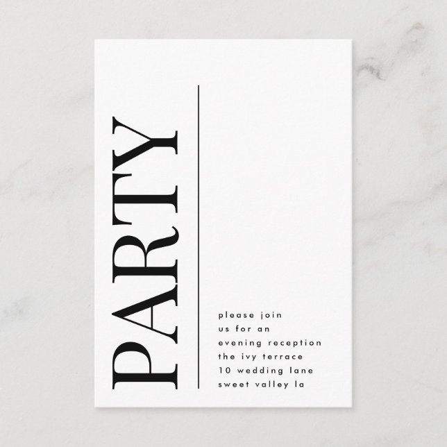 Tarjeta De Recepción Moderna negrita Gran FIESTA Acogida para la boda (Anverso)