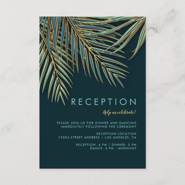 Tarjeta De Recepción Moderna Palm Gold Green Tropical Beach Wedding (Anverso)