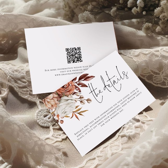 Tarjeta De Recepción Moderna Terracota Florals QR Código Detalles Boda (front and back view)