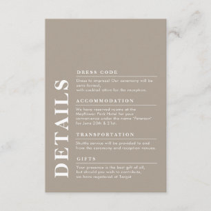 Tarjeta De Recepción Moderna y elegante Boda Detalles Taupe Simple