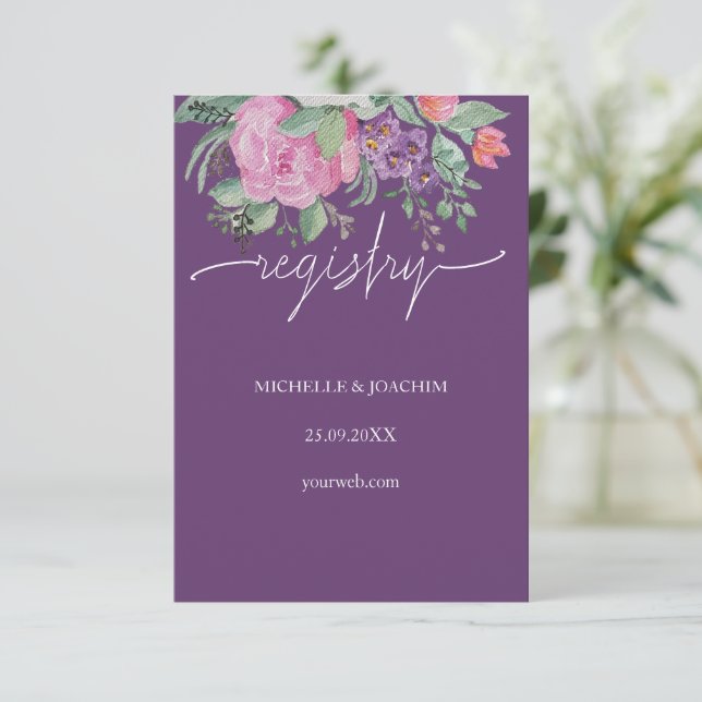 Tarjeta De Recepción Moderna y elegante Floral de boho morado (Anverso de pie)