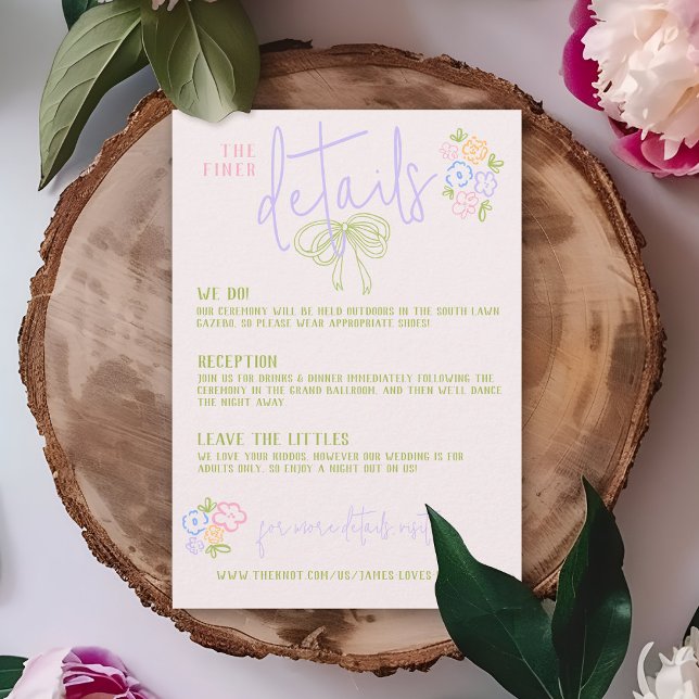 Tarjeta De Recepción Moderno arco dibujado a mano PASTEL boda detalle (Ivory pastel modern trendy hand drawn written  bow vintage floral wedding invitation details card)
