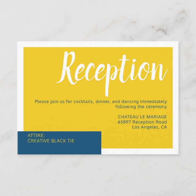 Tarjeta De Recepción Moderno boda contemporáneo azul y amarillo mínimo (Anverso)
