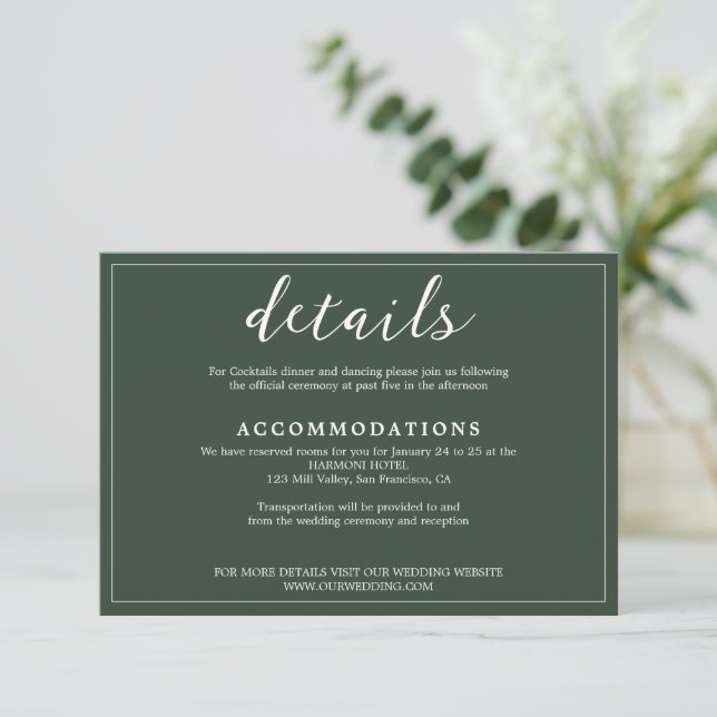 Tarjeta De Recepción Moderno Boda elegante de guión verde esmeralda (Anverso de pie)
