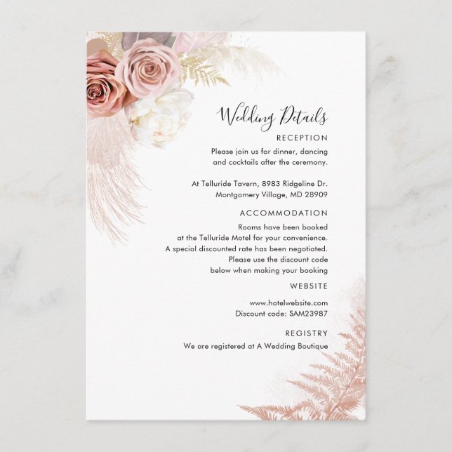 Tarjeta De Recepción Moderno Boda Floral de Pampas Grass Terracotta (Anverso)