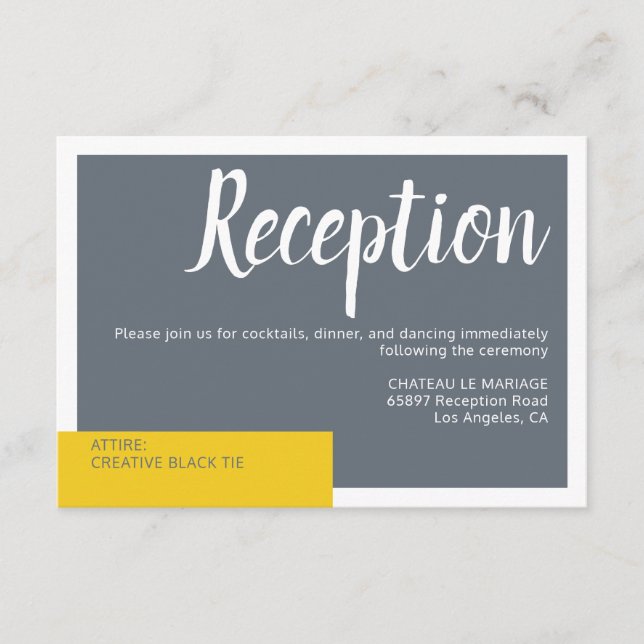 Tarjeta De Recepción Moderno boda gris y amarillo contemporáneo mínimo (Anverso)