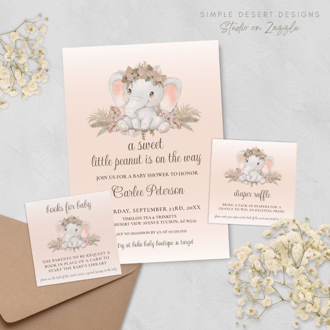 Tarjeta De Recepción Moderno Boho Elephant Baby Shower Diaper Raffle (Cute Elephant Baby Shower Card Inserts for Diaper Raffle and Book Request Cards with Invitation)