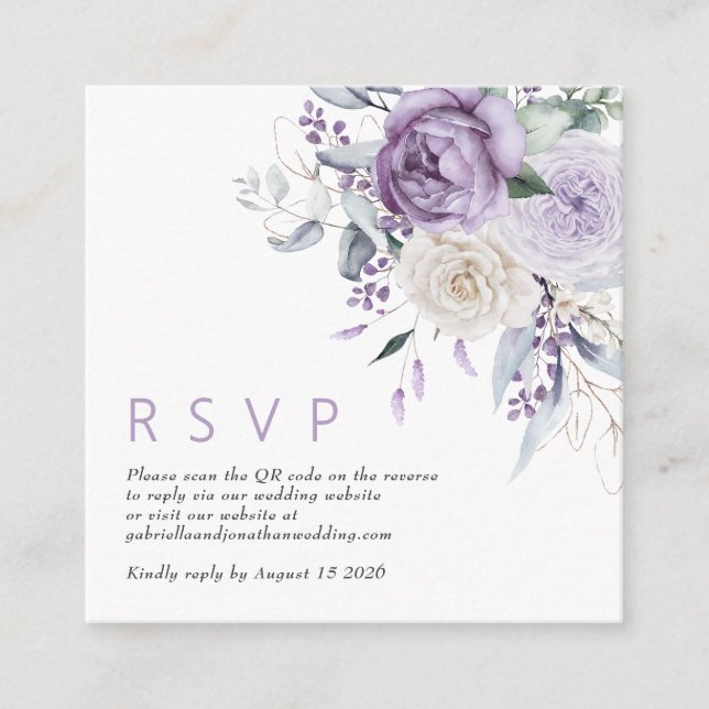Tarjeta De Recepción Moderno código QR Dusty Purple Floral Wedding RSVP (Anverso)