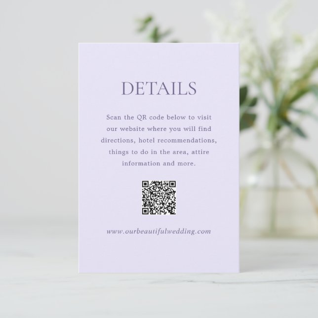 Tarjeta De Recepción Moderno código QR Lilac matrimonio elegante (Anverso de pie)