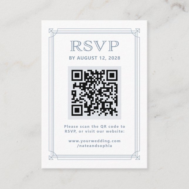 Tarjeta De Recepción Moderno Deco RSVP con Código QR | Blanco y Azul (Anverso)