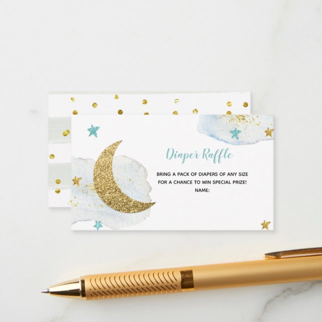 Tarjeta De Recepción Moderno Diaper Moon Azul Raffle (Anverso/Reverso In Situ)