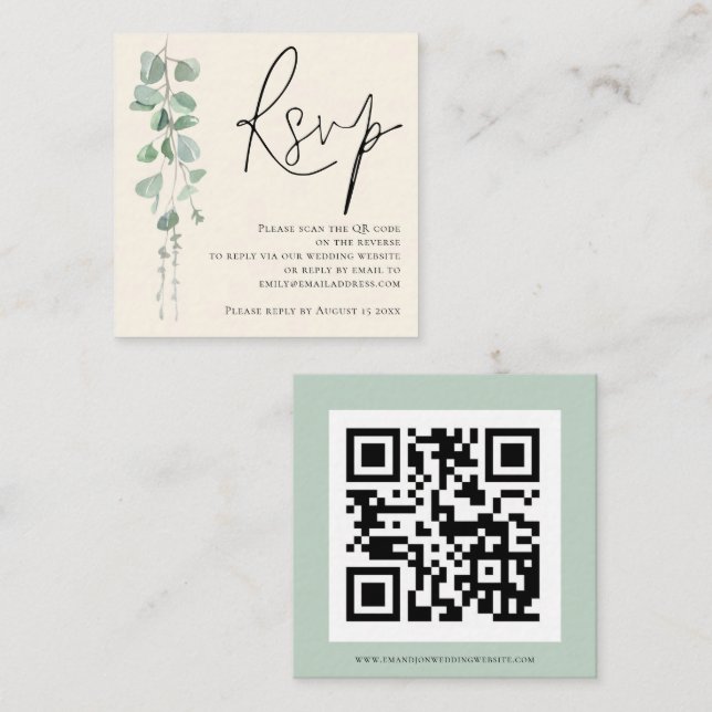 Tarjeta De Recepción Moderno Eucalyptus Marfil Sage QR Boda RSVP (Anverso / Reverso)